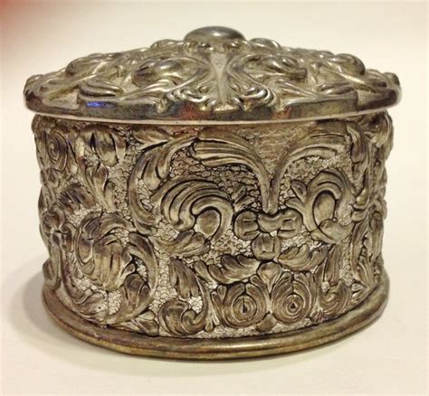 antique metal trinket box with lid ornate border|Ornate Silver Metal Trinket Box .